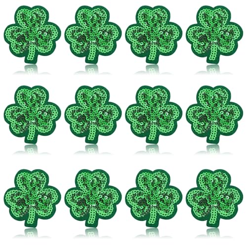 12 x Pailletten-Kleeblatt-Flicken zum Aufbügeln, St. Patrick's Day, Kleidung, bestickt, grün, dreiblättriges Kleeblatt, zum Aufnähen, Reparatur-Flicken für Kleidung, Jacken, Jeans, Hosen, Kleider, von AUGSUN