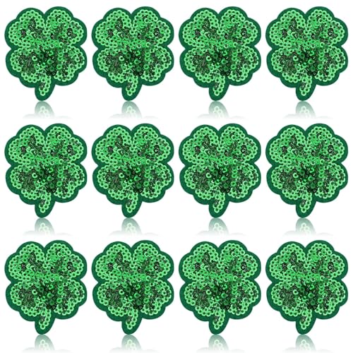 12 x Pailletten-Kleeblatt-Flicken zum Aufbügeln, St. Patrick's Day, Kleidung, bestickt, grün, vierblättriges Kleeblatt, zum Aufnähen, Reparatur-Flicken für Kleidung, Jacken, Jeans, Hosen, Kleider, von AUGSUN