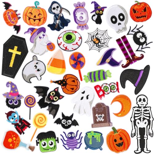 36 Stück Halloween Herbst Bügelbilder Halloween bestickt Nähen Applikation Reparatur Patch Niedlicher Totenkopf Kürbis Geist Schwarze Katze Hexe Fledermäuse DIY Handwerk für Kleidung Jacke Jeans Hosen von AUGSUN