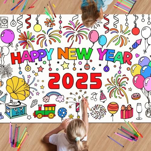 AUGSUN 2025 Silvester Ausmaltischdecke Kinder, Silvester Tischdecke Dekoration zum Ausmalen Neujahrsdekoration Basteln Silvester Deko 2025 183 x 76,2 cm für Spiele Geschenke Dekoration von AUGSUN