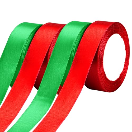 AUGSUN Weihnachtsband, 4 Rollen, 2,5 cm breit, 100 m, grün, rot, für Geschenkverpackungen und DIY von AUGSUN