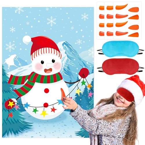 AUGSUN Weihnachtsspiele für Kinder, Pin The Nose On The Snowman mit Karottennasen-Aufkleber, Weihnachtsaktivitäten für Familien, Erwachsene, Kinder, Weihnachtsgeschenke, Winter, Weihnachten, Urlaub, von AUGSUN