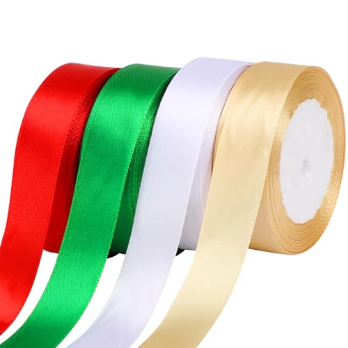 Weihnachtsband, 4 Rollen, 2,5 cm breit, 100 m, Rot, Grün, Gold, Weiß, für Geschenkverpackungen und DIY von AUGSUN