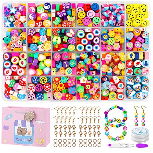 AUHOU 480 Stück Clay Perle Ton für Armband Kit Disc Clay Heishi-Perlen 24 Stile Flache Clay Perlen mit Herz Blume Obst Smiley Perlen für DIY Ohrring Halskette Craft Making von AUHOU