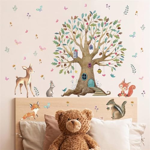 AUIAU Baumhaus Wandaufkleber Tiere Stück Bunt Wandtattoo für Kinderzimmer,Waldtiere Baum Wandsticker Cartoon Tiere Wandaufkleber Babyzimmer Junge Mädchen Schlafzimmer Wanddeko von AUIAU