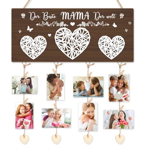 AUIAU Der Beste Mama Der Welt Holzschild Geschenke für Frauen-Bilderrahmen Foto Hanging Board Wanddekorationen für Schlafzimmer Geschenke für Mama Muttertag DIY Holz Collage Fotohalter Heimdekoration von AUIAU