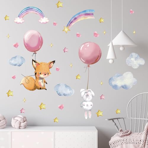 AUIAU Tiere Wandaufkleber Ballon Wandtattoo Mädchen Kinderzimmer Aquarell Wandsticker Babyzimmer Fuchs Sterne Kaninchen Wandsticker Buntes Wandaufkleber für Junge Schlafzimmer Wanddeko von AUIAU