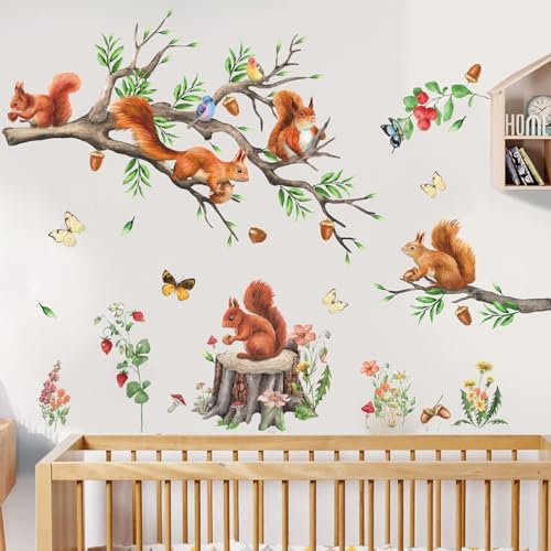 AUIAU Kinderzimmer Wandtattoo Tier Wandaufkleber Frühling Eichhörnchen Wandsticker Wildlife Babyzimmer Wohnzimmer Wanddeko von AUIAU