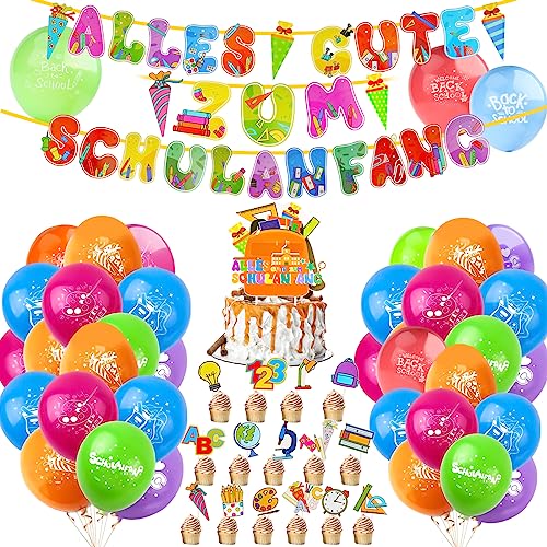 AUKZON Einschulung Deko, Einschulung Junge Mädchen Deko Einschulung, Schulanfang Deko Schulkind Deko, 23 Latex Luftballons, Alles Gute Zum Schulanfang Girlande, 16 Tortendeko, Einschulung Geschenk von AUKZON