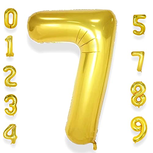 AULE Luftballon Zahl 7 Gold: XXL 101 cm Folienballon Geburtstag Gold 7 Jahre Zahlen 40 Zoll Helium Ballon Kinder Junge Mädchen Zahlenballon für Babyparty Jubiläum Deko von AULE