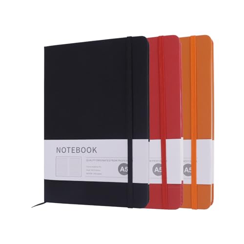 Notizbuch A5, Hardcover Journal Notizbücher mit 200 Seiten, Notizbuch Liniert a5，Kunstlederbezug Notizbuch mit Elastischem Verschlussband für Schule, Büro, Schreiben, 3 Stück (Schwarz, Rot, Orange) von AUMAYCO