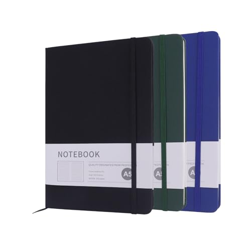 Notizbuch A5, Hardcover Journal Notizbücher mit 200 Seiten, Notizbuch Liniert a5，Kunstlederbezug Notizbuch mit Elastischem Verschlussband für Schule, Büro, Schreiben, 3 Stück (Schwarz,Blau, Grün) von AUMAYCO