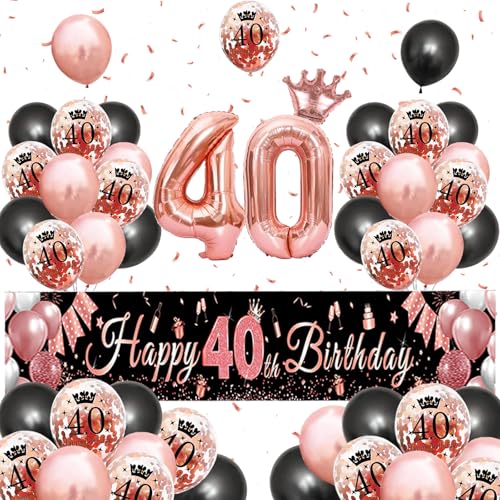 40. Geburtstag Mädchen, 40 Geburtstag Dekoration mit Kronenballon, "Happy Birthday" Banner, Folienballon 40, Happy Birthday Luftballons Konfetti Ballons für 40 Mädchen und Jungen Geburtstagsfeier Deko von AUNGCSHE