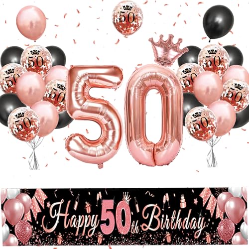 50. Geburtstag Mädchen, 50 Geburtstag Dekoration mit Kronenballon, "Happy Birthday" Banner, Folienballon 50, Happy Birthday Luftballons Konfetti Ballons für 50 Mädchen und Jungen Geburtstagsfeier Deko von AUNGCSHE