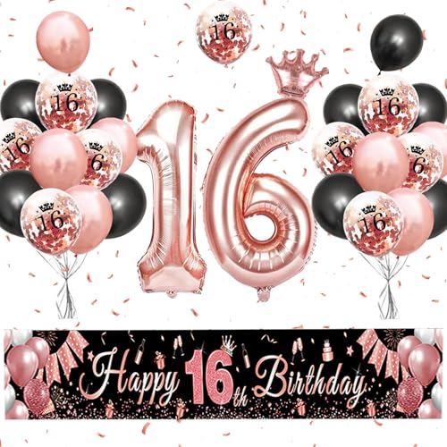 16. Geburtstag Mädchen, 16 Geburtstag Dekoration mit Kronenballon, "Happy Birthday" Banner, Folienballon 16, Happy Birthday Luftballons Konfetti Ballons für 16 Mädchen und Jungen Geburtstagsfeier Deko von AUNGCSHE