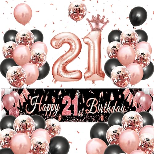 21. Geburtstag Mädchen, 21 Geburtstag Dekoration mit Kronenballon, Geburtstag Ballon 21, "Happy Birthday" Banner, Happy Birthday Luftballons für 21 Jahre Mädchen und Jungen Geburtstagsfeier Deko von AUNGCSHE