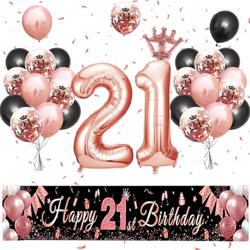 21. Geburtstag Mädchen, 21 Geburtstag Dekoration mit Kronenballon, Geburtstag Ballon 21, "Happy Birthday" Banner, Happy Birthday Luftballons für 21 Jahre Mädchen und Jungen Geburtstagsfeier Deko von AUNGCSHE