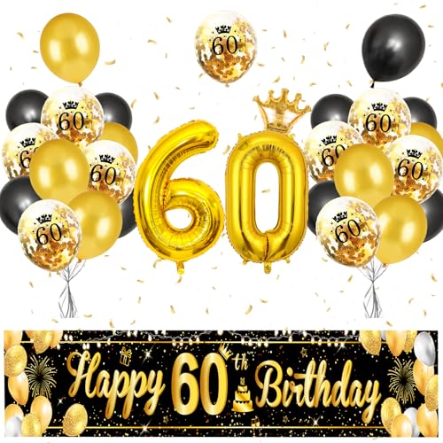 AUNGKWANG 60 Geburtstag Deko, 60. Geburtstag Deko Luftballons Geburtstag, Luftballons 60 Geburtstag Schwarz Gold, Deko 60. Geburtstag Hintergrund Ballons Schwarz Gold Für Jungen Mädchen Party Deko von AUNGKWANG