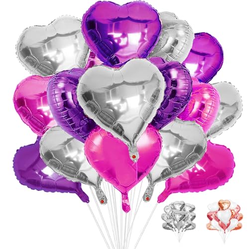 AUNGKWANG 20 Stück Herz Folienballon, 18 Zoll Herz Helium Luftballons, Herzform Folienluftballon, Herzballons Geeignet für Geburtstag Hochzeit Verlobung Brautdusche Valentinstag (Silber+Lila+Rosenrot) von AUNGKWANG