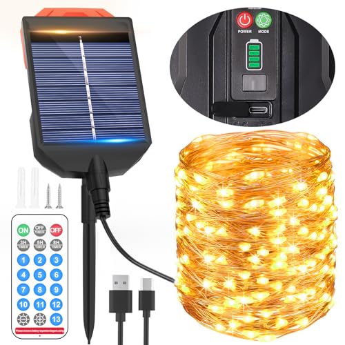 Solar Lichterkette Aussen mit Typ-C-Ladeanschluss,30M 300 LED Kupferdraht Solarlichterkette für Außen mit 13 Modi,Fernbedienung&Timer,IP65 Wasserdicht Solar Lichterkette Außen für Garten&Party Deko von AUOPLUS