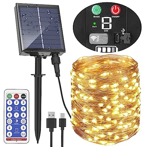 Solar Lichterkette Aussen mit Typ-C-Ladeanschluss,30M 300 LED Kupferdraht Solarlichterkette für Außen mit 8 Modi,Fernbedienung&Timer,IP65 Wasserdicht Solar Außen für Garten und Party Deko von AUOPLUS