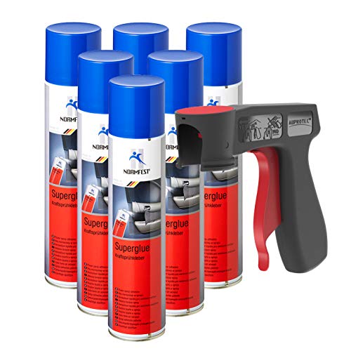 AUPROTEC Pistolengriff + Normfest Kraftsprühkleber Super Glue Superkleber Sprühkleber Klebstoff Kraft Kleber Spray 6x 400ml von AUPROTEC