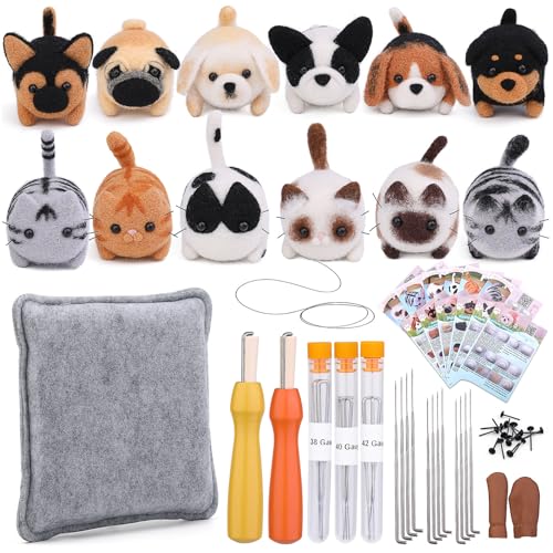 AURAFUL Nadelfilz-Set, 12-teilig, gefilztes Tier-Nadelfilz-Set, Hunde und Katzen, Puppen, DIY-Nadelfilz-Zubehör, Mazon mit Wollroving, Bedienungsanleitung (evtl. nicht in deutscher Sprache), von AURAFUL