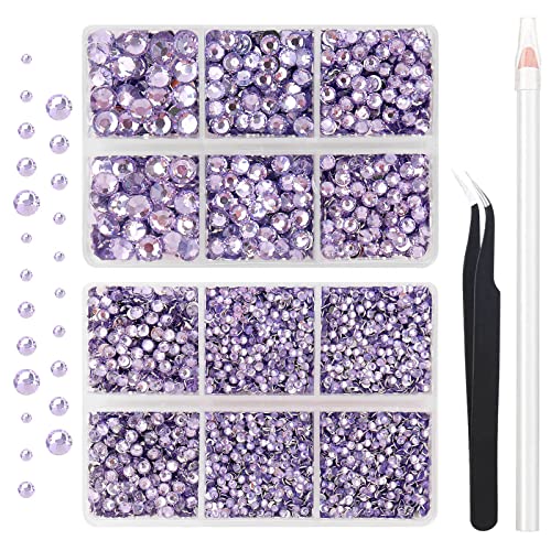 AUREHEN 10.000 Stück 2-6 mm hellviolette Strasssteine aus Kunstharz mit flacher Rückseite mit silberfarbener Unterseite, runde Strasssteine aus Harz mit Pinzette und Stift für Becher, Nagelkunst und DIY-Dekoration von AUREHEN