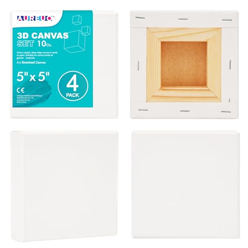 AUREUO Galerieverpackte Leinwand, 12,7 x 12,7 cm, 3,8 cm Tiefe, 4 Stück, 284 g, dreifach Gesso grundiert, 100 % Baumwolle, quadratisch, weiß, Künstlerleinwände für Acryl- und Ölfarben von AUREUO