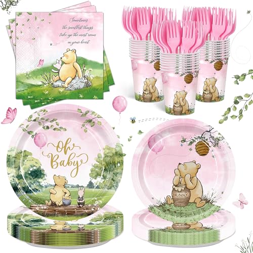 120pcs Winnie Bear Baby Shower Decoration Pink Vintage Bear Pooh Party Teller Servietten Pappteller Becher Einweggeschirr Set für Mädchen Neugeborene Babyparty Dekoration Servieren 24 Gäste von AURORAPARTY