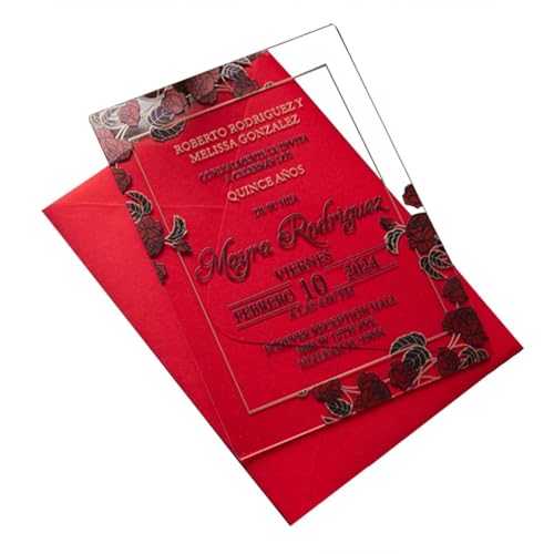 AUTOECHO Transparente Hochzeitseinladung, Briefdesign-Weihnachtstag-Karteneinladung – rote Goldblumen, Acryl, rechteckige Hochzeitseinladungskarte für von AUTOECHO