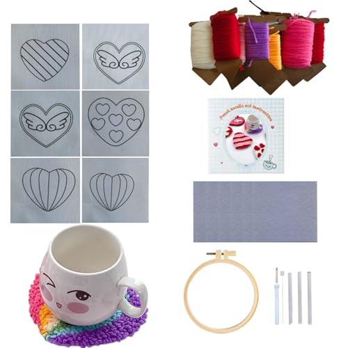 AUTOECHO Valentinstag-Lochnadel-Untersetzer-Set, Lochnadel-Stickset für Anfänger, Punch Needle Stickset für Anfänger, Schönes und niedliches Untersetzer-Bastelset für Wohnzimmer, Küche, Klassenzimmer, von AUTOECHO