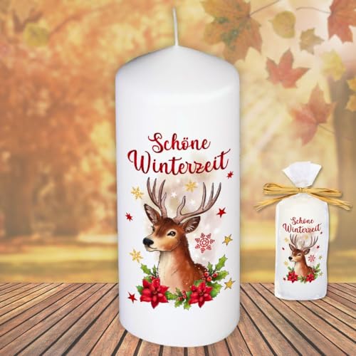 Motivkerze Tiere Stumpenkerze – Schöne Winterzeit, Hirsch - Kerze in Geschenkverpackung mit Schleife | moderne Motive Herbstmotiv Wintermotiv auf Tattoofolie Schiebefolie von AV Andrea Verlag