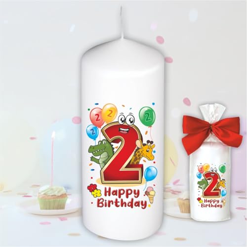 Stumpenkerze - Geburtstagskerze zum 2. Geburtstag, Happy Birthday - Motive auf Tattoofolie | Geschenkfolie und Schleife | Kerze mit Geburtstagszahl Zahl in Geschenkverpackung zum Kindergeburtstag von AV Andrea Verlag