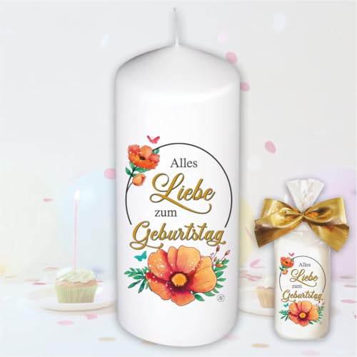 Stumpenkerze Kerze - Alles liebe zum Geburtstag - Für Dich | bunte moderne Motive Farben auf Tattoofolie für Kerzen | mit Geschenkfolie und goldener Schleife | Geburtstagkerze in Geschenkverpackung von AV Andrea Verlag