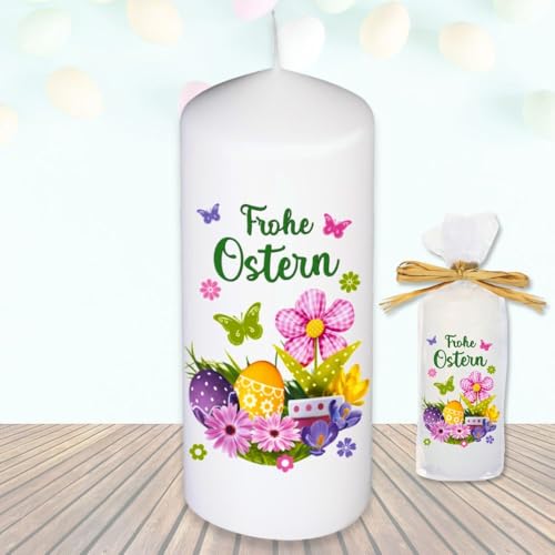 Stumpenkerze Kerze - Frohe Ostern Blume rosa - Für Dich zu Ostern bunte moderne Motive Farben mit Geschenkfolie und Schleife Osterkerze in Geschenkverpackung als Ostergeschenk von AV Andrea Verlag