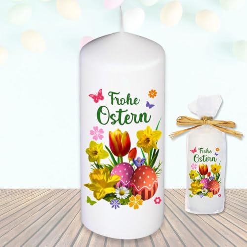 Stumpenkerze Kerze - Frohe Ostern Blumen Tulpe bunt - Für Dich zu Ostern bunte moderne Motive Farben mit Geschenkfolie und Schleife Osterkerze in Geschenkverpackung als Ostergeschenk von AV Andrea Verlag