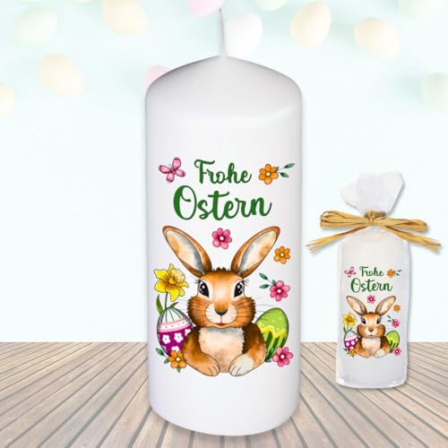 Stumpenkerze Kerze - Frohe Ostern Osterhase - Für Dich zu Ostern bunte moderne Motive Farben mit Geschenkfolie und Schleife Osterkerze in Geschenkverpackung als Ostergeschenk von AV Andrea Verlag