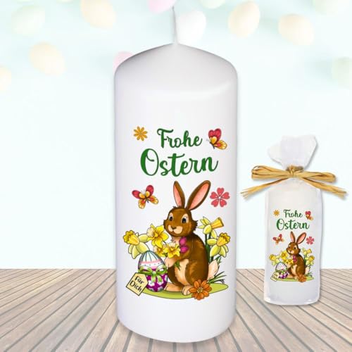 Stumpenkerze Kerze - Frohe Ostern Osterhase und Osterei - Für Dich zu Ostern bunte moderne Motive Farben mit Geschenkfolie und Schleife Osterkerze in Geschenkverpackung als Ostergeschenk von AV Andrea Verlag