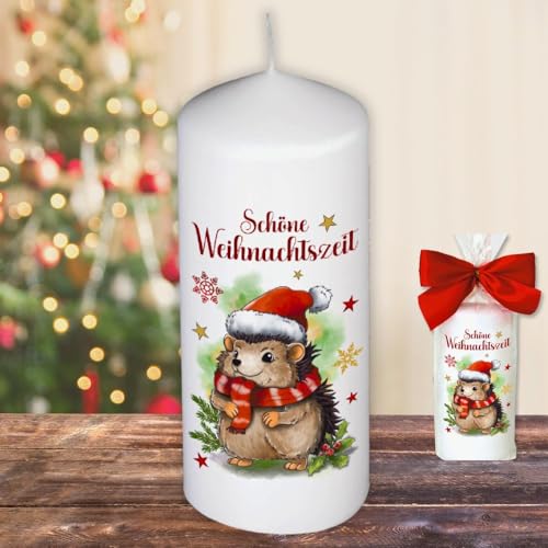 Weihnachtskerze Stumpenkerze –Schöne Weihnachtszeit Igel - Kerze in Geschenkverpackung mit Schleife zu Weihnachten | moderne Motive auf Tattoofolie Schiebefolie von AV Andrea Verlag