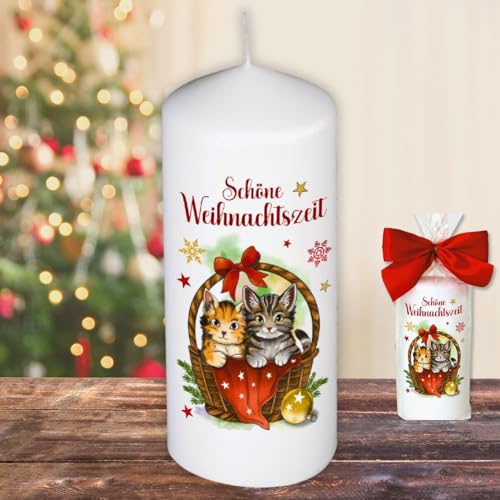 Weihnachtskerze Stumpenkerze –Schöne Weihnachtszeit Katzen - Kerze in Geschenkverpackung mit Schleife zu Weihnachten | moderne Motive auf Tattoofolie Schiebefolie von AV Andrea Verlag