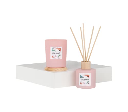 AVA & MAY Bahamas Home Fragrance Set – veganes Set mit Duftstäbchen und Duftkerze – 1 x Diffuser und 1 x Kerze mit hochwertigem Duftöl aus Kokosnuss, Monoi und Vanille von AVA & MAY