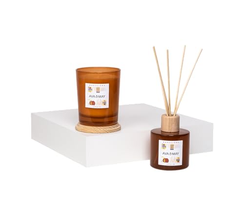 AVA & MAY Barcelona Home Fragrance Set – veganes Set mit Duftstäbchen und Duftkerze – 1 x Diffuser und 1 x Kerze mit hochwertigem Duftöl aus Himbeere, Jasmin und Kandis von AVA & MAY