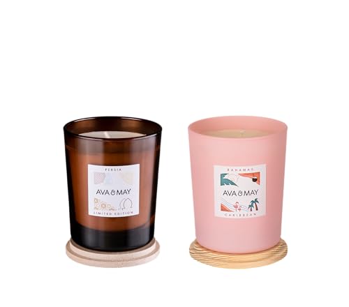 AVA & MAY Candle Set – veganes Set mit Sojawachs-Kerzen mit 40 Stunden Brenndauer – 1 x Bahamas und 1 x Persia Duftkerze mit hochwertigem Duftöl von AVA & MAY