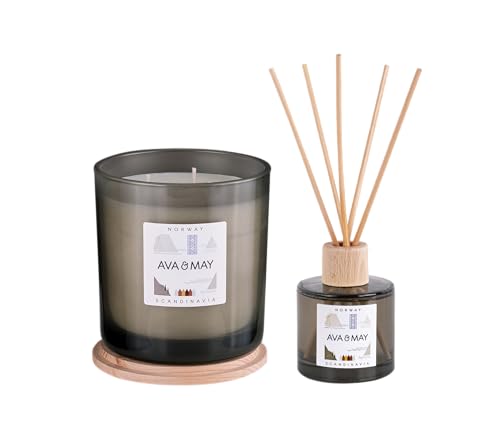 AVA & MAY Norway Home Fragrance Set – veganes Set mit Duftstäbchen und Duftkerze – 1 x Norwegen Diffuser und 1 x Norwegen Kerze mit hochwertigem Duftöl von AVA & MAY