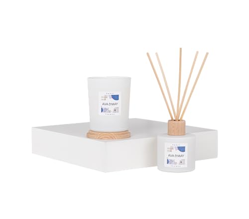 AVA & MAY Paris Home Fragrance Set – veganes Set mit Duftstäbchen und Duftkerze – 1 x Diffuser und 1 x Kerze mit hochwertigem Duftöl aus Bergamotte, Jasmin und Rose von AVA & MAY