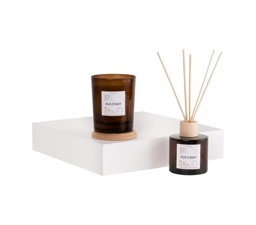 AVA & MAY Persia Home Fragrance Set – veganes Set mit Duftstäbchen und Duftkerze – 1 x Diffuser und 1 x Kerze mit hochwertigem Duftöl aus Feige, Jasmin und Neroli von AVA & MAY