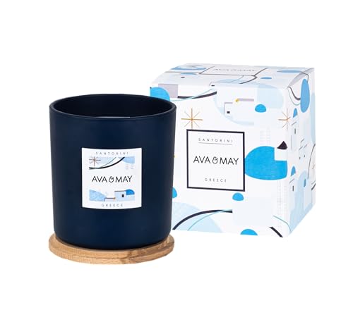AVA & MAY Santorini Große Duftkerze (500 g) – vegane Sojawachs-Kerze mit 70 Stunden Brenndauer – mit hochwertigem Duftöl aus Rosmarin, Tonkabohne und Zeder von AVA & MAY