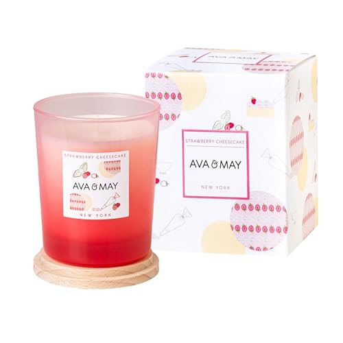 AVA & MAY Strawberry Cheesecake Duftkerze (180 g) – vegane Sojawachs-Kerze mit 40 Stunden Brenndauer – mit hochwertigem Duftöl aus Englische Rose, Erdbeere und Vanille von AVA & MAY