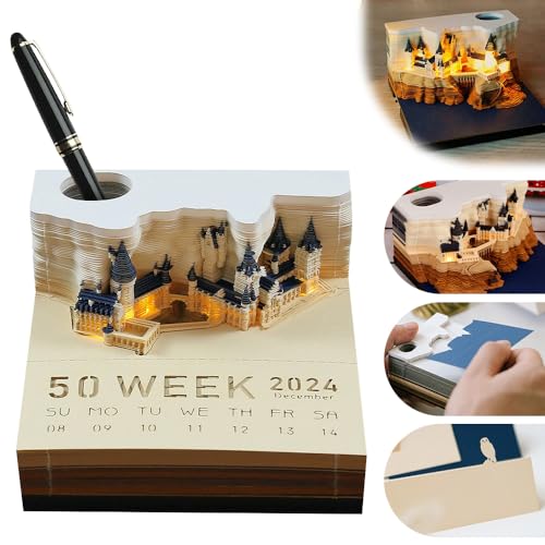 3D-Notizblock, 2024 Schreibtisch Kalender 3D Memo Pad Papier mit Licht und Stifthalter 3D Magic Castle Wochenkalender Notizblock,Papierskulptur,Schnitzen Reißbar Kreative Memo Kalender für Dekoration von AVCXEC